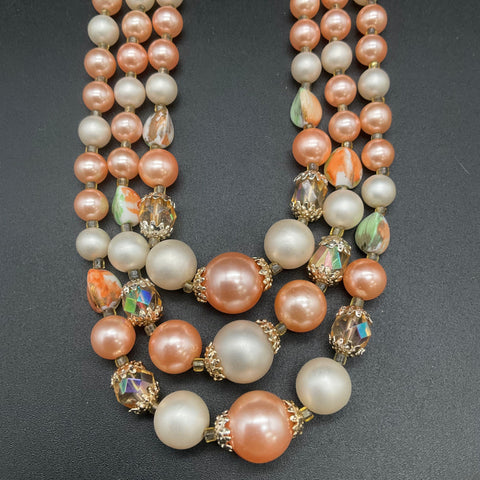 Vintage Japan Triple Strand Pink Faux Pearl Necklace AB Glass Beads 17"