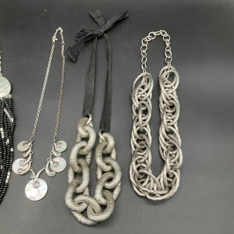 Vintage to Modern Silver Tone Chunky Statement Necklace Lot 5pc Beaded Shell