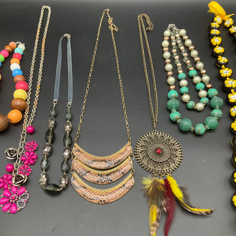 Boho Eclectic Necklace Lot 6pc Beaded Bib Filigree Feather Tribal Hawaiian Style