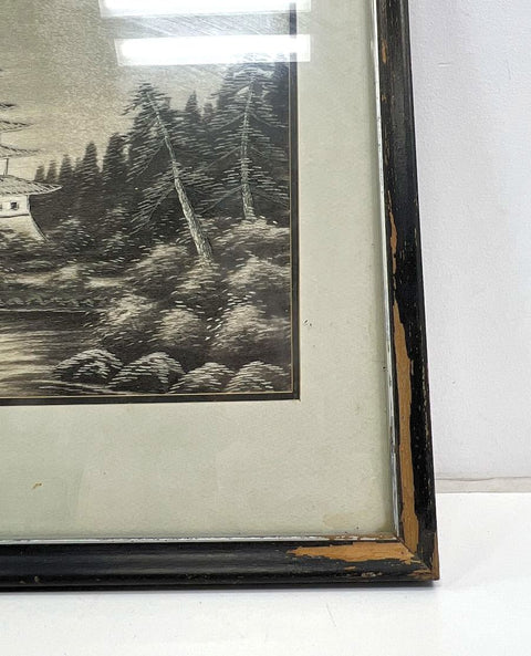 Vintage Mid-Century Japanese Castle Silk Thread Embroidered Framed Art Picture