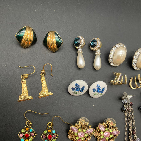 Vintage & Modern Costume Jewelry Earrings Lot 15 Pairs Rhinestone Faux Pearl