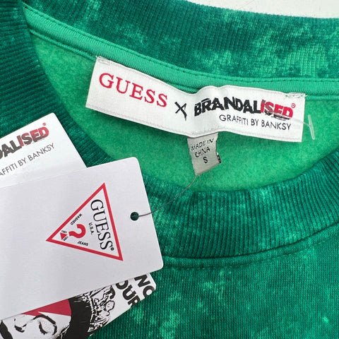NWT Guess x Brandalised Oleen Green Banksy Cropped Sweatshirt Womens S