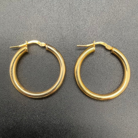 18K Gold Plated Italy Tubular Hoop Earrings 28mm Polished Latch Back 4.8g