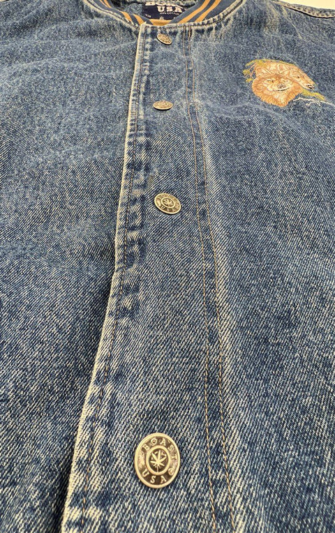 Vintage 90s Boast USA Denim Varsity Jacket Wolf Embroidery Larry Fanning Sz XXL
