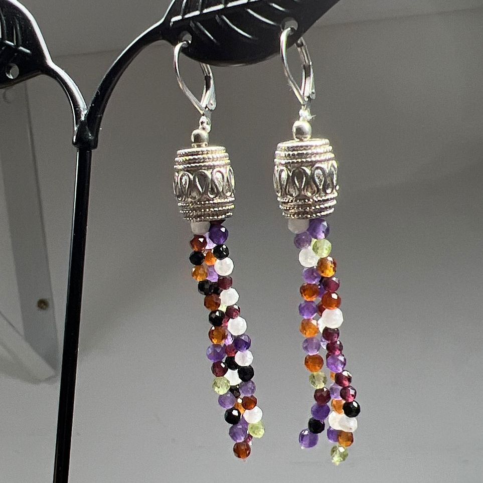 African Amethyst Multi Gemstone Beaded Dangle Earrings