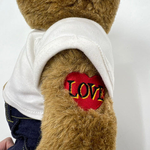 Vermont Teddy Bear Co Love Tattoo Plush Brown Bear Denim Jeans Embroidered Heart