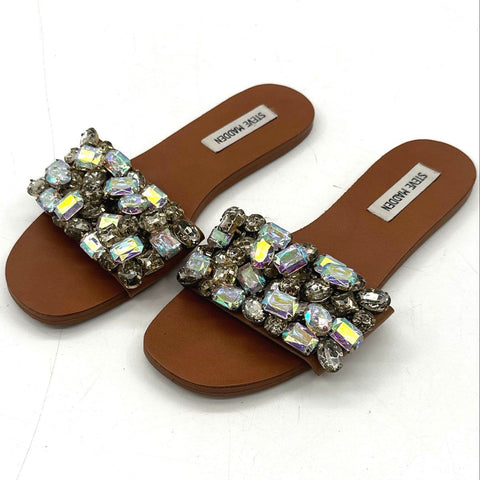 Steve Madden Brielle Jeweled Slide Sandals Tan Iridescent Gems Size 7M
