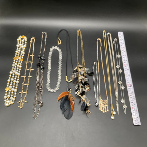 Vintage to Modern Costume Jewelry Lot 11 Necklaces Feather Faux Pearl Boho Style