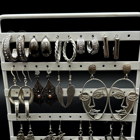 Gothic Boho Silver Tone Fashion Earring Lot 25+ Pairs Moon Skeleton Face Hoop