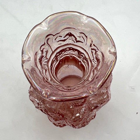 Carnival Glass Pink Grape and Leaf Pattern Vase Ruffled Rim 10.5 Inch Vintage
