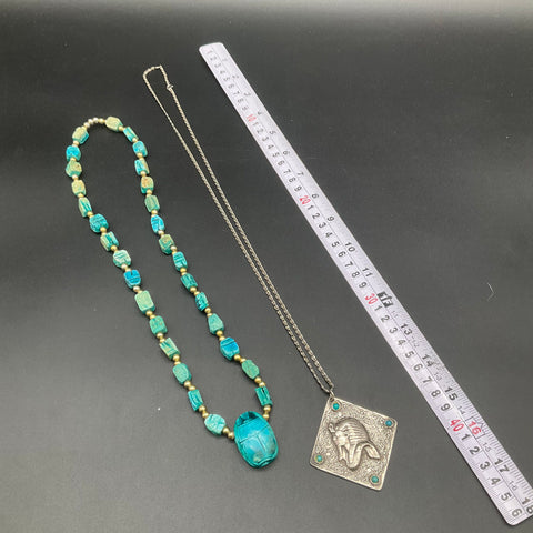 Vintage Egyptian Revival Jewelry Lot of 2 Scarab Bead & Sphinx Pendant Necklace
