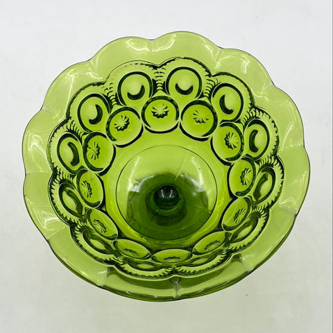 Pressed Glass Moon and Star Pattern Compote Green Pedestal Bowl 8 Inch Vintage