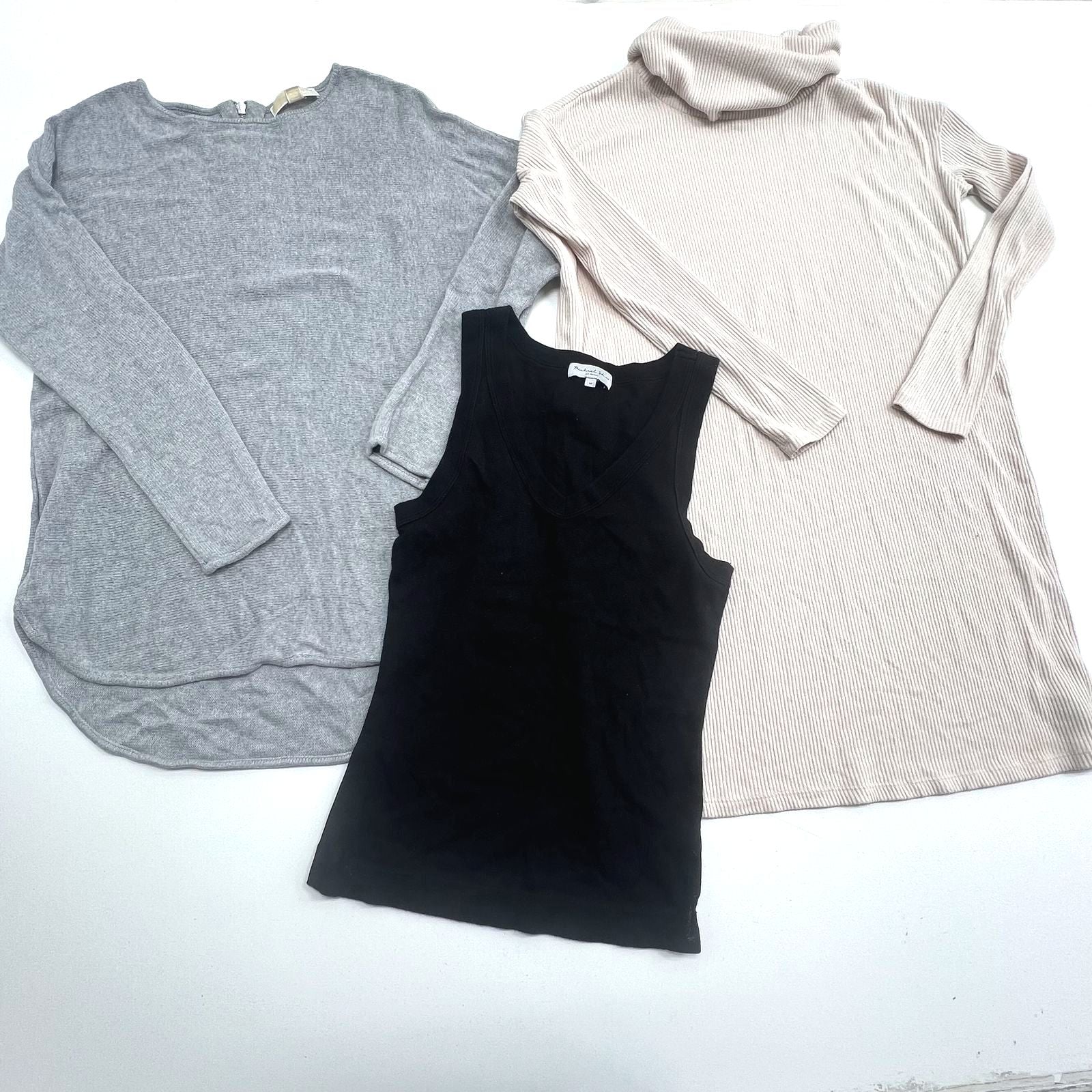 Lot of 3 Capsule Wardrobe Black Grey Tops Beige Cowl Sweater Dress Medium