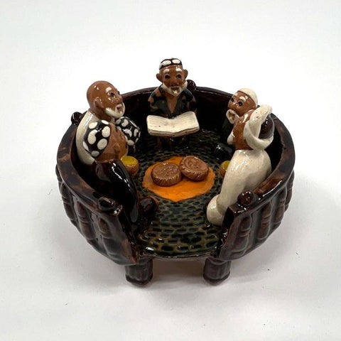 Ceramic Central Asian Tapchan Figurine Men Gathering Hand-Painted With Box