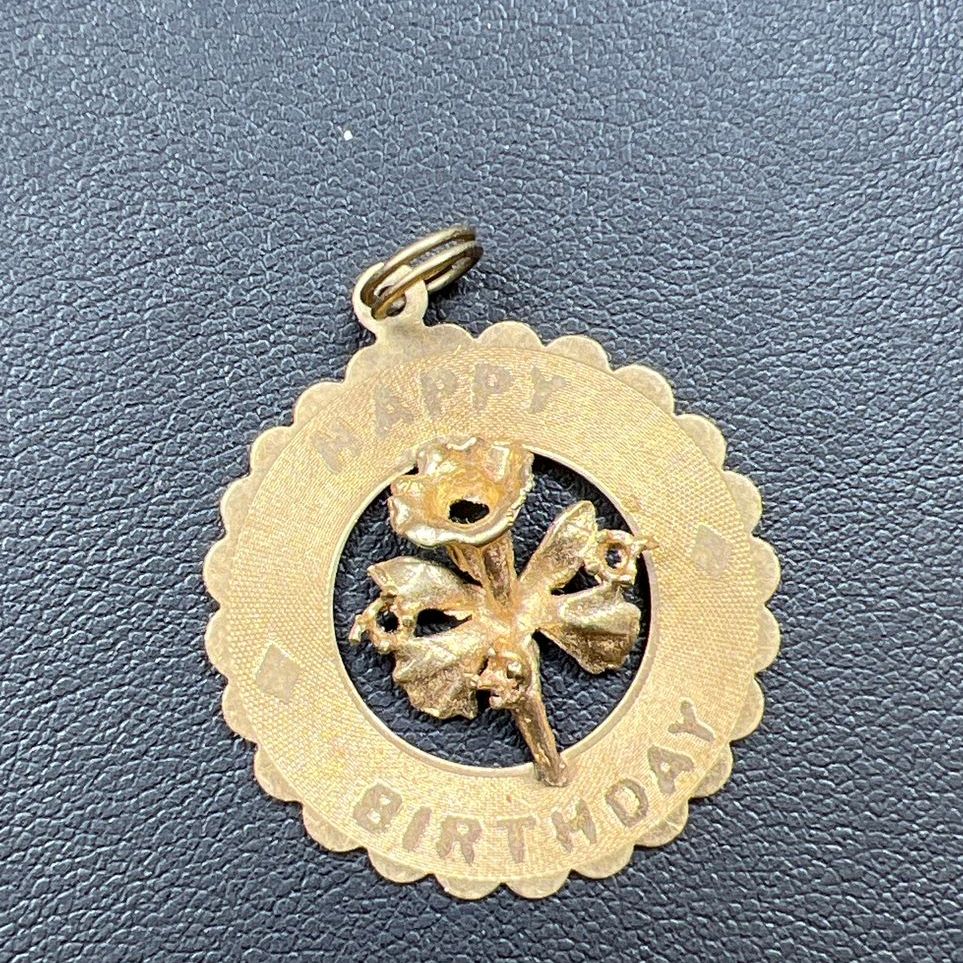 Vintage M&M 14K Gold Happy Birthday Iris Floral Round Pendant 3.84g