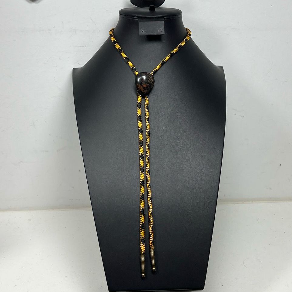 Brown Black Shimmering Labradorite Stone Orange Black Cord Bolo Tie