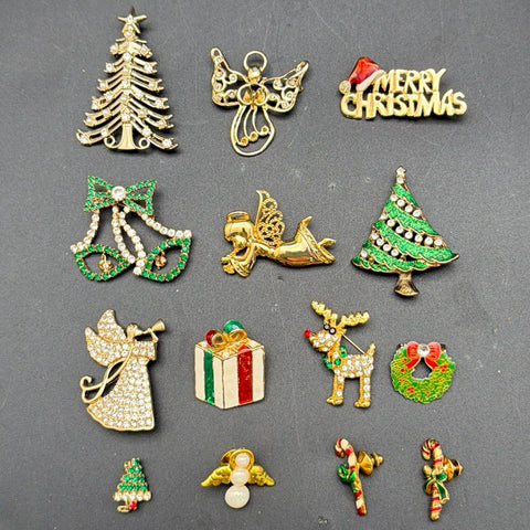 Vintage Christmas Costume Jewelry Lot 14 Pc Monet Avon Brooches Pins Trees
