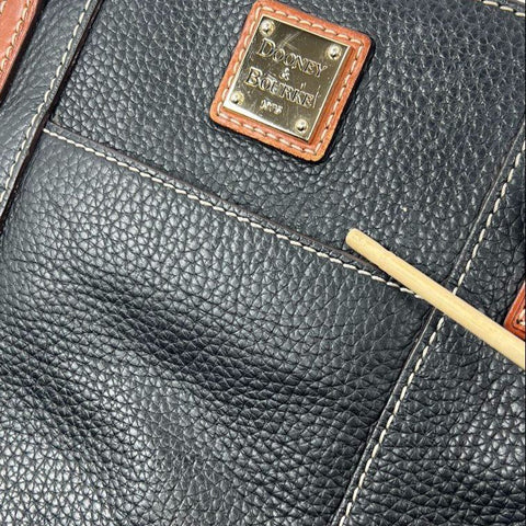 Dooney & Bourke Black Pebbled Leather Brown Trim Tote Shoulder Bag Gold Hardware