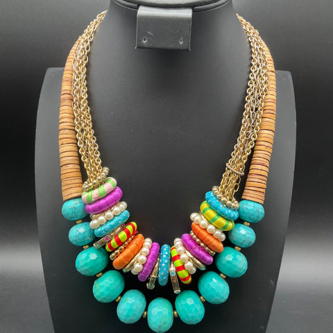 Graziano Gold Tone Statement Necklaces Lot of 2 Boho Beaded Turquoise Color