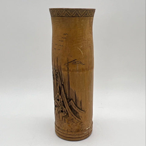 Vintage Hand Carved Bamboo Vase Village Scene Asian Folk Art Brush Pot 12 Inch