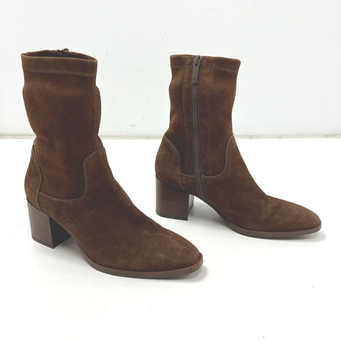Aquatalia Faria Brown Suede Stretch Ankle Boots Block Heel Italy Size 8.5