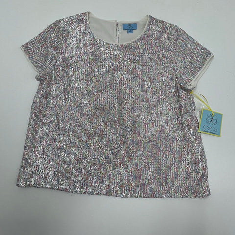 CeCe Women's NWT Multicolor Iridescent Sequin Short Sleeve Top Blouse Size 14
