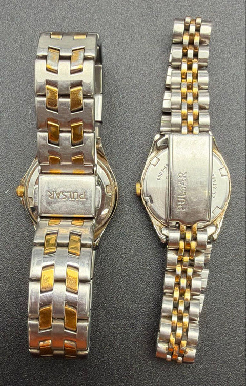 Pulsar Two-Tone Quartz Watches Lot of 2 Blue and White Dials Vintage Japan Movt