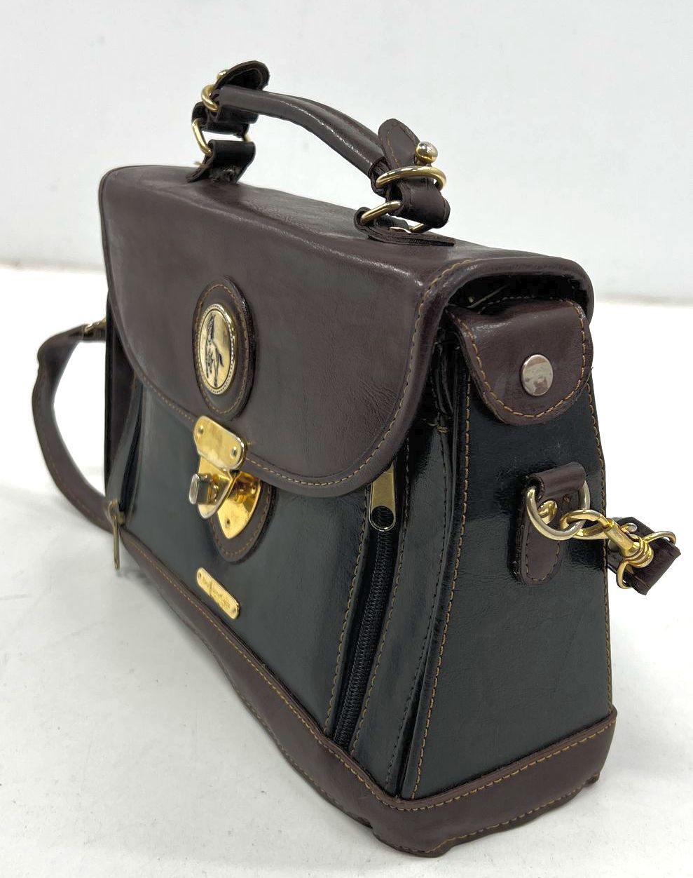 Vintage 80s Polo Player Logo Brown Black Satchel Crossbody Bag Gold Hardware
