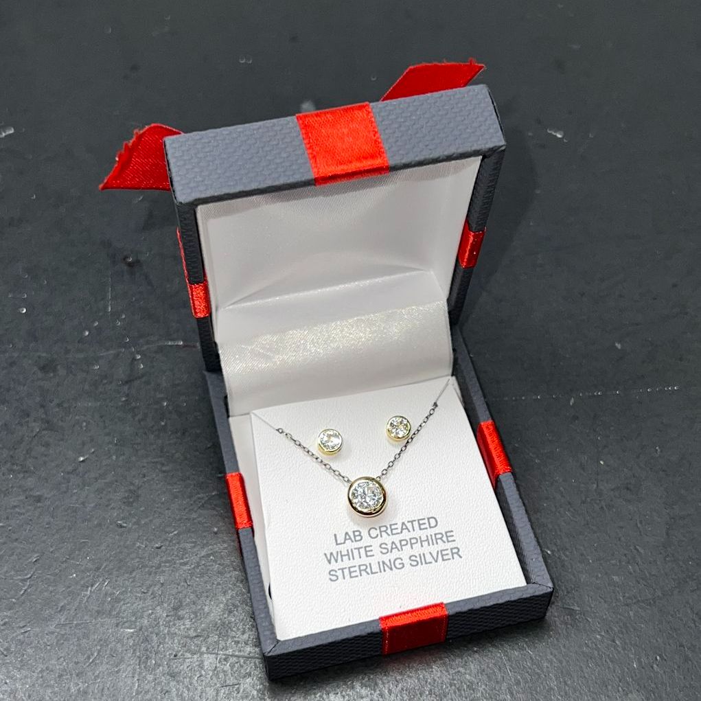 Sterling Silver Lab Created Sapphire Earrings and Necklace Set NIB