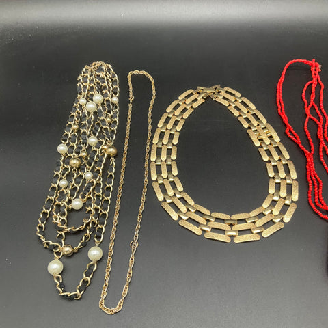 Vintage & Modern Statement Costume Jewelry Lot of 7 Necklaces Bracelet Gold Tone