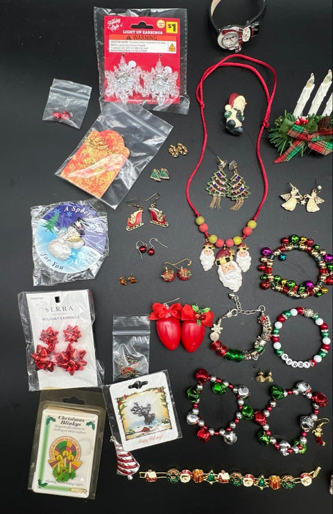 Vintage to Modern Christmas Costume Jewelry Lot 0.75 lbs Santa Snowman Bells