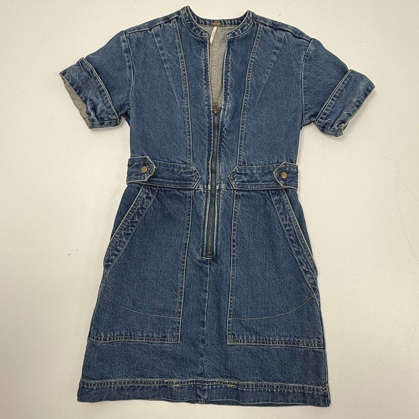 Free People Go West Utility Blue Denim Zip Front Romper Jumpsuit Women's S