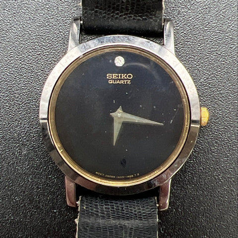 Vintage Seiko Quartz Women's Watch Black Dial Accent Stone Black Leather Strap