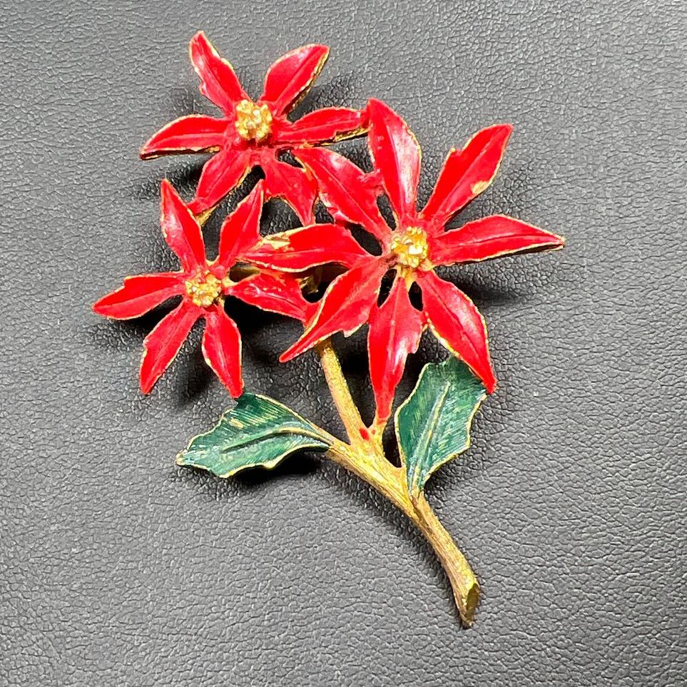 Vintage Red Poinsettia Gold Tone Brooch