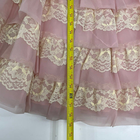 Vintage 60s Women's Pink Cream Tiered Ruffle Lace Fit & Flare Party Dress XS