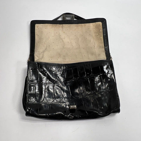 Kate Spade Black Croc Embossed Leather Large Flap Shoulder Bag Silver Hardware