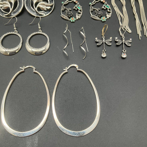 Silver Tone Fashion Earrings Jewelry Lot 17 Pairs Hoops Chandelier Rhinestone