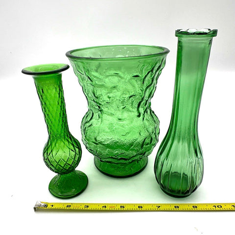 Vintage Green Glass Vase Set 3 Piece Lot Textured Ribbed Diamond Bud Vases