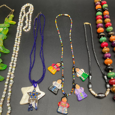 Vintage to Modern Costume Jewelry Lot of 11 Necklaces Statement Beaded Folk