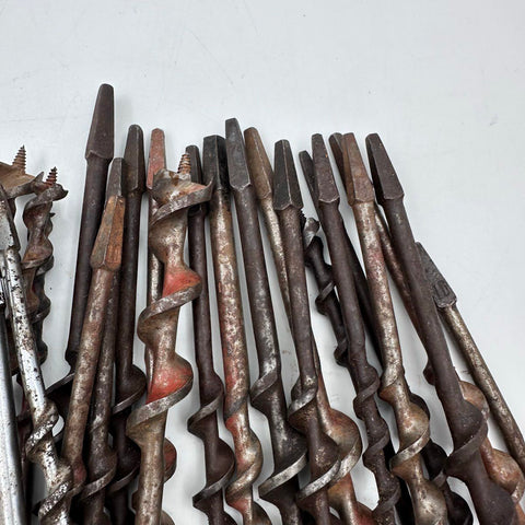 Vintage Wood Boring Auger Brace Bit Lot 21pc Carbon Steel Hand Tool Woodworking