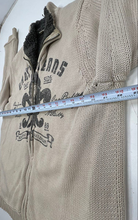 DKNY Jeans Men's Beige Full Zip Knit Jacket Sherpa Lined Fleur De Lis Graphic M
