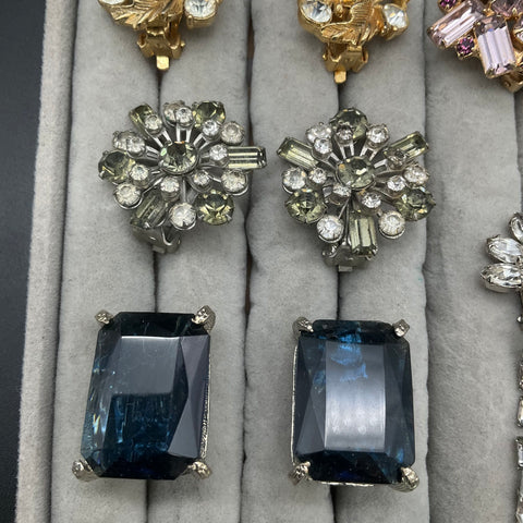Vintage Clip-On Earrings Lot 8 Pairs B. David Signed Rhinestone AB Mid-Century