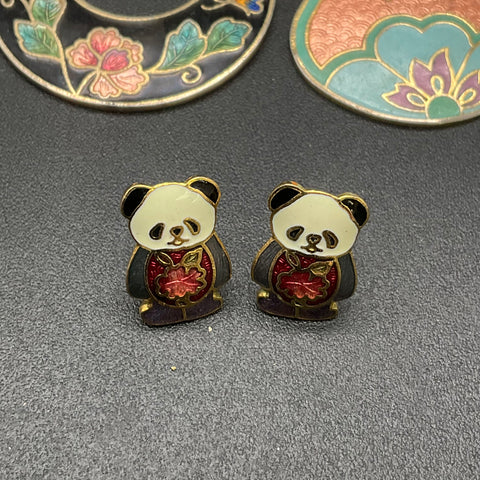 Vintage Cloisonne Enamel Earring Lot 5 Pairs Floral Panda Heart Drop Stud