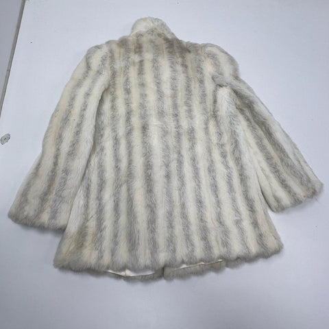 Vintage 70s Avec Tu White Gray Striped Glenoit Faux Fur Coat Jacket Women's