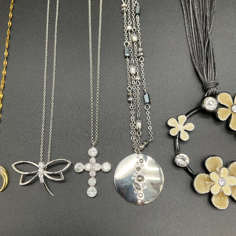 Rhinestone Fashion Costume Jewelry Lot of 14 Necklaces Pendants Cross Heart