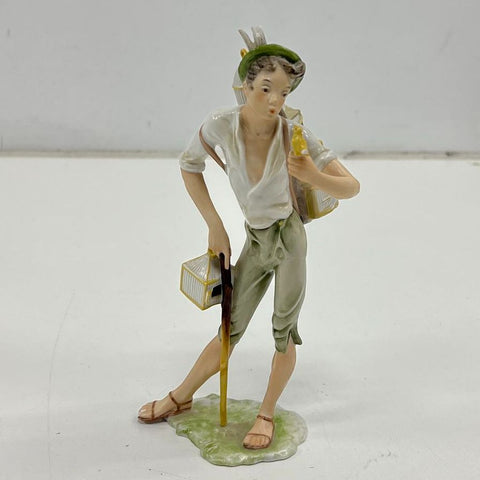 Vintage Alka Kunst German Porcelain Figurine Bird Catcher Boy w/ Bird Cage