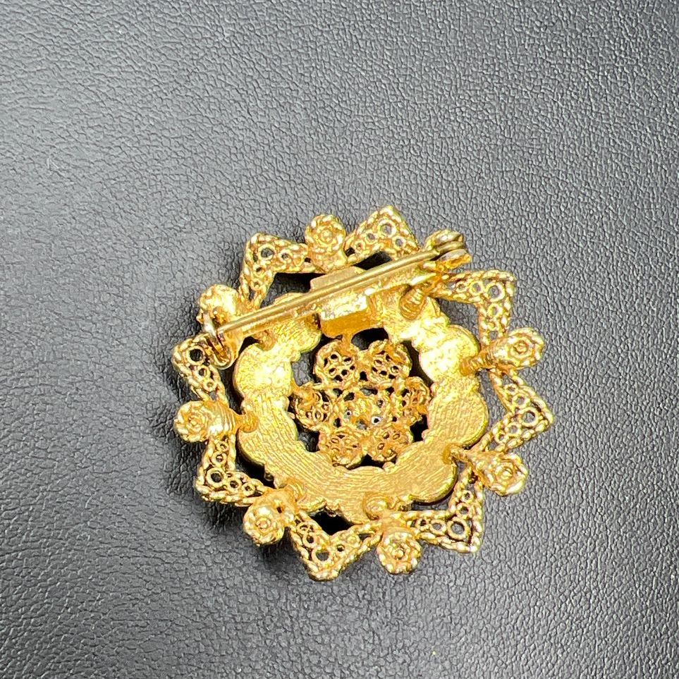 Vintage Style Brown Rhinestone Gold Tone Filigree Brooch