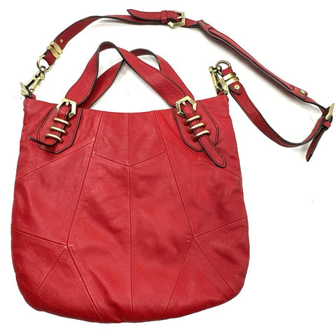 ARYANY Red Pebbled Leather Paneled Shoulder Bag Brass Hardware NWT