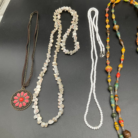 Vintage and Modern Costume Jewelry Lot of 8 Necklaces Wood Shell Beaded Pendants