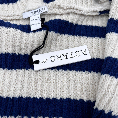 Astars Women's Gelato Cozy Poncho Sweater Oatmeal Blue Striped Hooded Sz M NWT